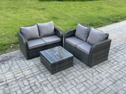 Fimous Rattan Sofa Set Outdoor Garden Furniture Set with Square Coffee Table Loveseat Sofa Dark Grey Mixed - thumbnail 1