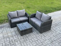 Fimous Rattan Sofa Set Outdoor Garden Furniture Set with Square Coffee Table Loveseat Sofa Dark Grey Mixed - thumbnail 2