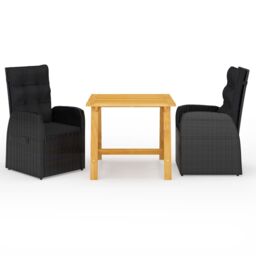 Berkfield Home 3 Piece Garden Dining Set with Cushions Black Poly Rattan - thumbnail 1