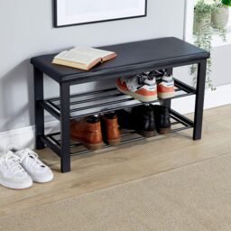 Home Source Metal Shoe Bench with Storage Shelfs For Entryway Hallway Seating Home in Black - thumbnail 2