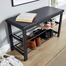 Home Source Metal Shoe Bench with Storage Shelfs For Entryway Hallway Seating Home in Black - thumbnail 4