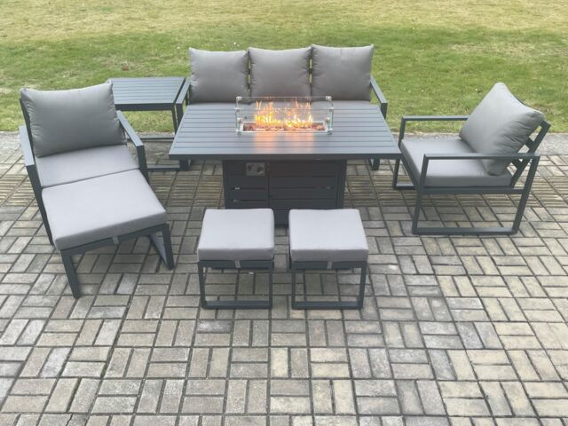 Fimous Aluminium Patio Outdoor Garden Furniture Lounge Sofa Set Gas Fire Pit Dining Table with Side Table 3 Footstools Dark Grey - image 1