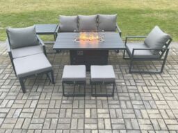 Fimous Aluminium Patio Outdoor Garden Furniture Lounge Sofa Set Gas Fire Pit Dining Table with Side Table 3 Footstools Dark Grey - thumbnail 1