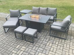 Fimous Aluminium Patio Outdoor Garden Furniture Lounge Sofa Set Gas Fire Pit Dining Table with Side Table 3 Footstools Dark Grey - thumbnail 2