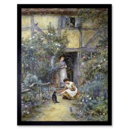 "Artery8 Helen Allingham Saucer Of Milk Child Cat Painting Framed Art Print in Blue - Size: W12"" x H16""" - thumbnail 1