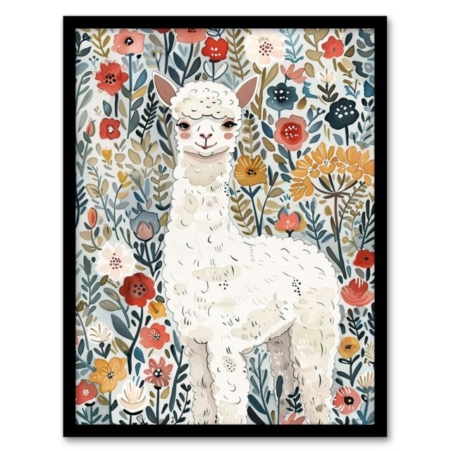 "Artery8 Happy Alpaca in Wildflower Field Watercolour Framed Wall Art - Size: W12"" x H16""" - image 1
