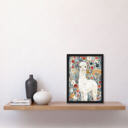 "Artery8 Happy Alpaca in Wildflower Field Watercolour Framed Wall Art - Size: W12"" x H16""" - thumbnail 4