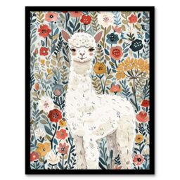 "Artery8 Happy Alpaca in Wildflower Field Watercolour Framed Wall Art - Size: W12"" x H16""" - thumbnail 1