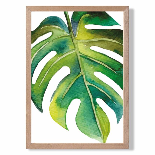 ARTZE Tropical Leaf Abstract Watercolour Botanical Framed Print SIZE: A4 with Oak Frame in Green - Size: A2 - image 1