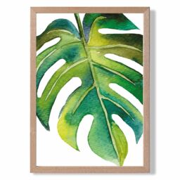 ARTZE Tropical Leaf Abstract Watercolour Botanical Framed Print SIZE: A4 with Oak Frame in Green - Size: A2