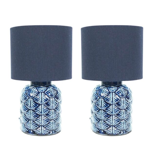ValueLights Priyah Pair of Navy Ceramic Scallop Table Lamps with Fabric Shades & LED Bulbs in Blue - image 1