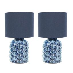 ValueLights Priyah Pair of Navy Ceramic Scallop Table Lamps with Fabric Shades & LED Bulbs in Blue - thumbnail 1