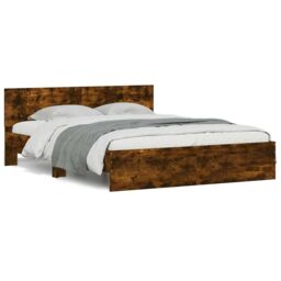 Berkfield Home Bed Frame with Headboard & LED Smoked Oak 150x200 cm King Size in Brown