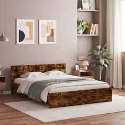 Berkfield Home Bed Frame with Headboard & LED Smoked Oak 150x200 cm King Size in Brown - thumbnail 4