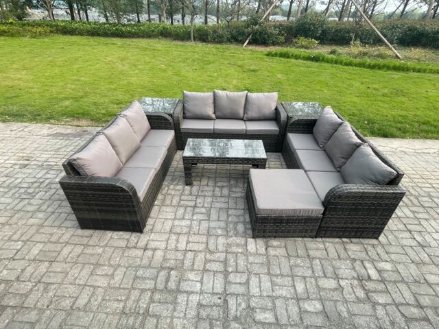 Fimous 10 Seater Rattan Garden Furniture Set Indoor Outdoor Patio Sofa Set with Coffee Table 2 Side Tables Big Footstool Dark Grey Mixed - image 1