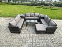 Fimous 10 Seater Rattan Garden Furniture Set Indoor Outdoor Patio Sofa Set with Coffee Table 2 Side Tables Big Footstool Dark Grey Mixed - thumbnail 2