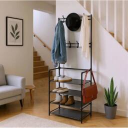 KORVIXA Coat & Hat Stand 8 Hooks Metal Shoe Rack in Black - Size: 100 cm x 100 cm - thumbnail 3