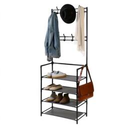 KORVIXA Coat & Hat Stand 8 Hooks Metal Shoe Rack in Black - Size: 100 cm x 100 cm - thumbnail 1