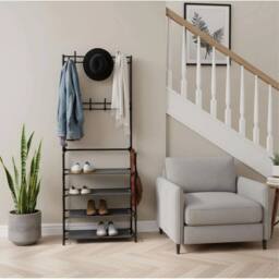 KORVIXA Coat & Hat Stand 8 Hooks Metal Shoe Rack in Black - Size: 100 cm x 100 cm - thumbnail 4