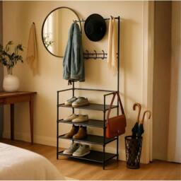 KORVIXA Coat & Hat Stand 8 Hooks Metal Shoe Rack in Black - Size: 100 cm x 100 cm - thumbnail 5