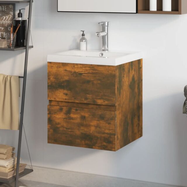 Berkfield Home Sink Cabinet with Built-in Basin Smoked Oak Engineered Wood in Brown - image 1