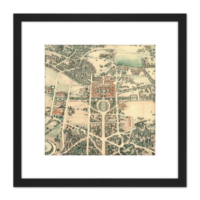 Artery8 Map Farmer 1934 Stanford University Birds Eye 8X8 Inch Square Wooden Framed Wall Art Print Picture with Mount in Black - image 1