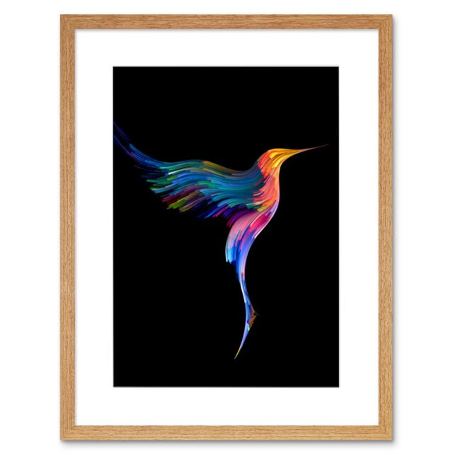 "Artery8 Wall Art Print Hummingbird Colourful On Black Art Framed 9x7 inch in Beige - Size: W7"" x H9""" - image 1