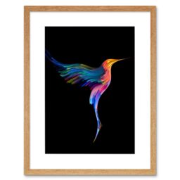 "Artery8 Wall Art Print Hummingbird Colourful On Black Art Framed 9x7 inch in Beige - Size: W7"" x H9""" - thumbnail 1