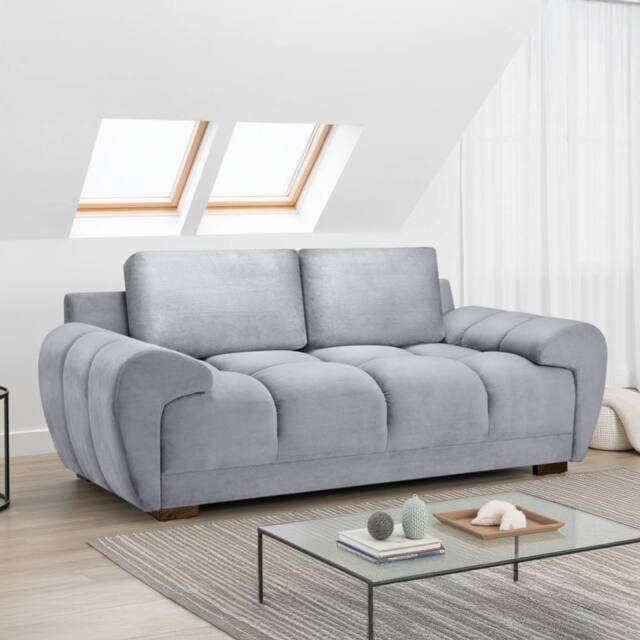 Furnishings For Less UK Zura Grey Plush Fabric Large 2 Seater Sofa Pillow Back Wooden Legs - image 1