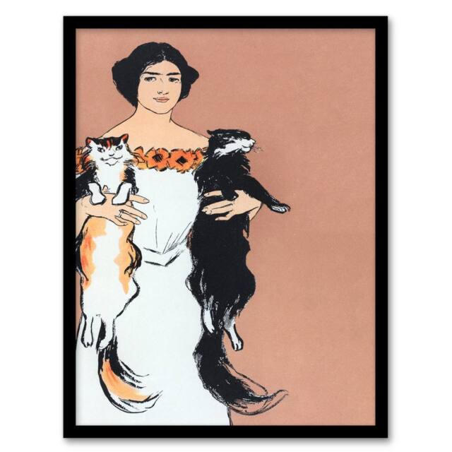 Artery8 Edward Penfield Framed Wall Art Print Woman Holding Two Cats Drawing in Pink - Size: A4 - image 1