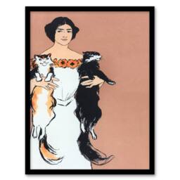 Artery8 Edward Penfield Framed Wall Art Print Woman Holding Two Cats Drawing in Pink - Size: A4 - thumbnail 1