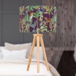 EONLION Light Oak Table Lamp Bedside Light Wood Tripod Safari Velvet Shade - thumbnail 4
