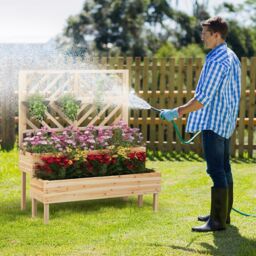 Costway Wood 2-Tier Raised Garden Bed with Trellis Elevated Planter Box Container w/ Leg in Natural - thumbnail 3