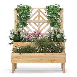 Costway Wood 2-Tier Raised Garden Bed with Trellis Elevated Planter Box Container w/ Leg in Natural - thumbnail 4