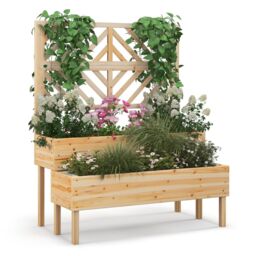Costway Wood 2-Tier Raised Garden Bed with Trellis Elevated Planter Box Container w/ Leg in Natural - thumbnail 1
