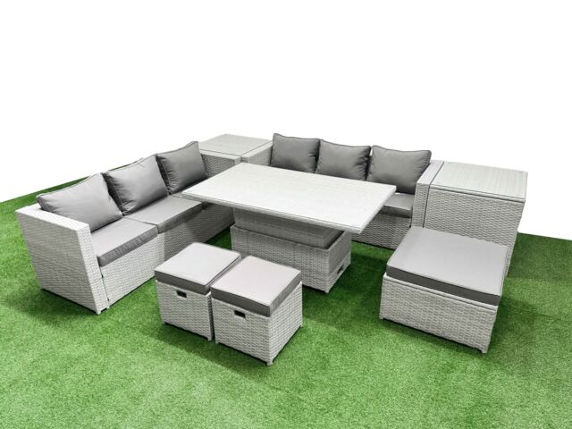 Fimous 8 PCs Rising Dining Table Set Rattan Furniture Set with 3 Seater Sofa in Light Grey - image 1