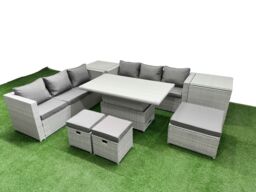 Fimous 8 PCs Rising Dining Table Set Rattan Furniture Set with 3 Seater Sofa in Light Grey - thumbnail 2