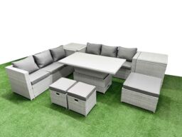 Fimous 8 PCs Rising Dining Table Set Rattan Furniture Set with 3 Seater Sofa in Light Grey - thumbnail 1