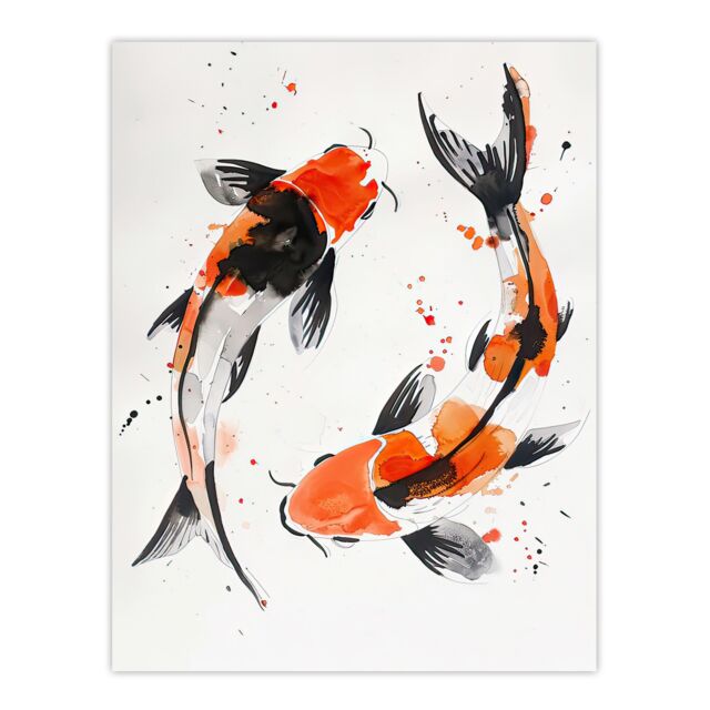 "Artery8 Two Japanese Koi Carp Fish Bright Watercolour Wall Art Print in Orange - Size: W18"" x H24""" - image 1