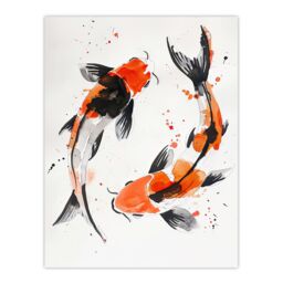 "Artery8 Two Japanese Koi Carp Fish Bright Watercolour Wall Art Print in Orange - Size: W18"" x H24""" - thumbnail 1