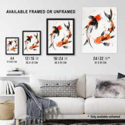 "Artery8 Two Japanese Koi Carp Fish Bright Watercolour Wall Art Print in Orange - Size: W18"" x H24""" - thumbnail 3