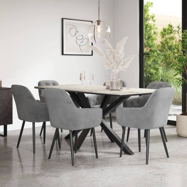 More4Homes Juno Calcutta Gold Ceramic Dining Table & 8 Anika Velvet Chairs in Grey - image 1