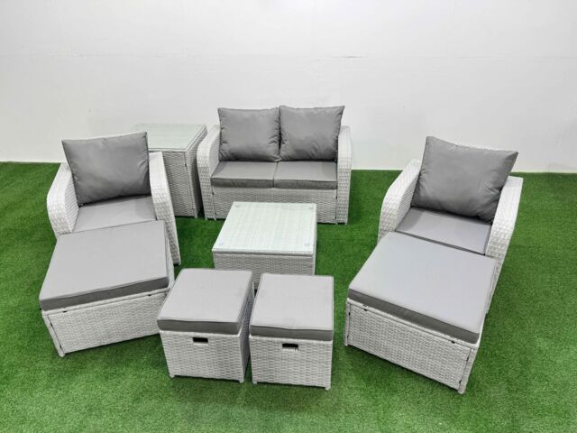 Fimous PE Rattan Love Sofa Reclining Chair Set with 4 Footstools Side Table in Light Grey - image 1