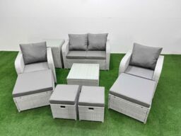 Fimous PE Rattan Love Sofa Reclining Chair Set with 4 Footstools Side Table in Light Grey - thumbnail 1