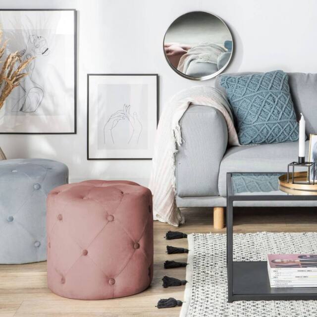 Wyld and Coco Pink Velvet Chesterfield Round Tufted Ottoman Pouffe - image 1