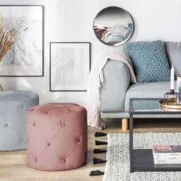Wyld and Coco Pink Velvet Chesterfield Round Tufted Ottoman Pouffe - thumbnail 1
