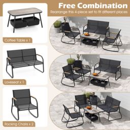 Gymax 4 PCS Patio Bistro Set Garden Conversation Set With 2-Tier Coffee Table in Black - thumbnail 3
