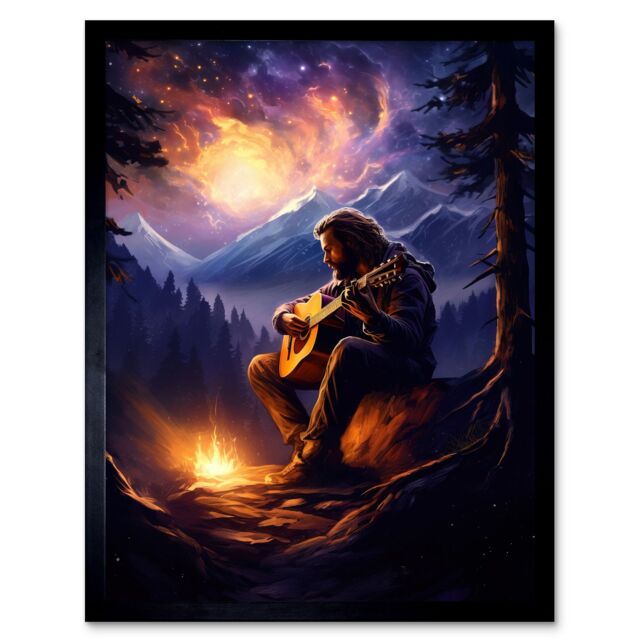 Artery8 Wall Art Print Playing Guitar By A Campfire Oil Painting Purple Orange Storm Brewing in Mountain Forest Landscape Art Framed - image 1