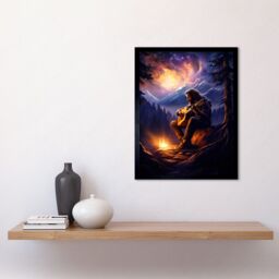 Artery8 Wall Art Print Playing Guitar By A Campfire Oil Painting Purple Orange Storm Brewing in Mountain Forest Landscape Art Framed - thumbnail 2
