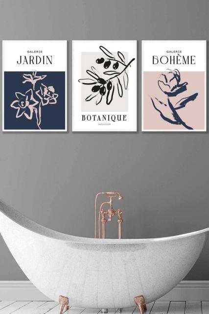 ARTZE Set of 3 White Framed Minimalist Sketch Leaves Flowers Blush Pink Navy Blue & Grey Wall Art - Size: W33 cm x H45 cm x D20mm - image 1